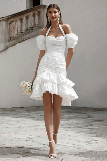 Halter A-Line Ivory Ruched Bridal Shower Dress With Removable Sleeves